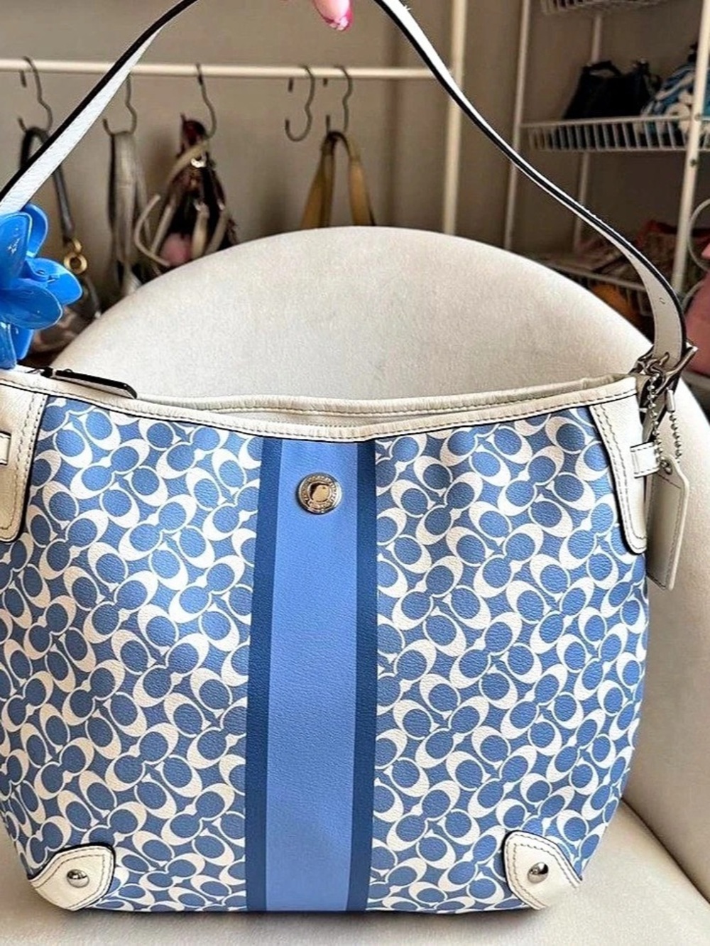 Coach Signature Stripe Chelsea Hobo Blue & White Shoulder Bag
